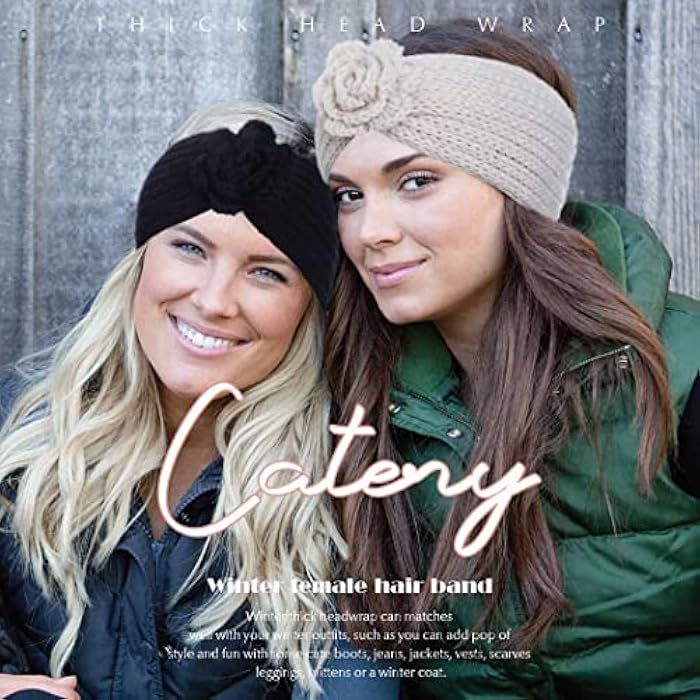 Catery Knit Headbands Ear Warmer Headband Flower Crochet Hair Band Wool Head Wraps Winter Ear Warmers for Women and Girls (C) (beige) - Image 5